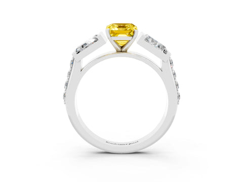 White gold Emerald Cut Yellow Sapphire Engagement Ring with Baguette Side Stones and Channel Set Band_3