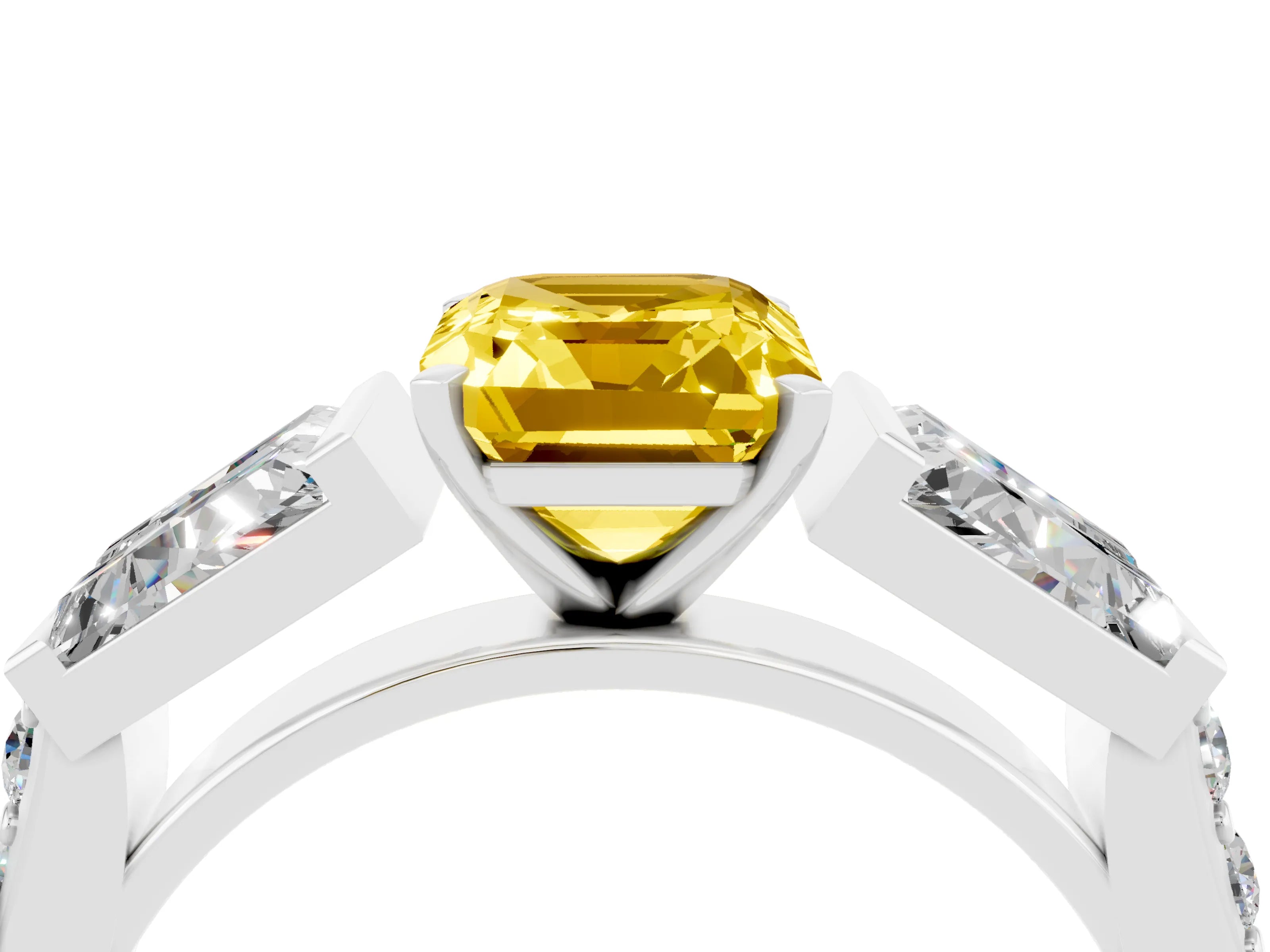 White gold Emerald Cut Yellow Sapphire Engagement Ring with Baguette Side Stones and Channel Set Band_4