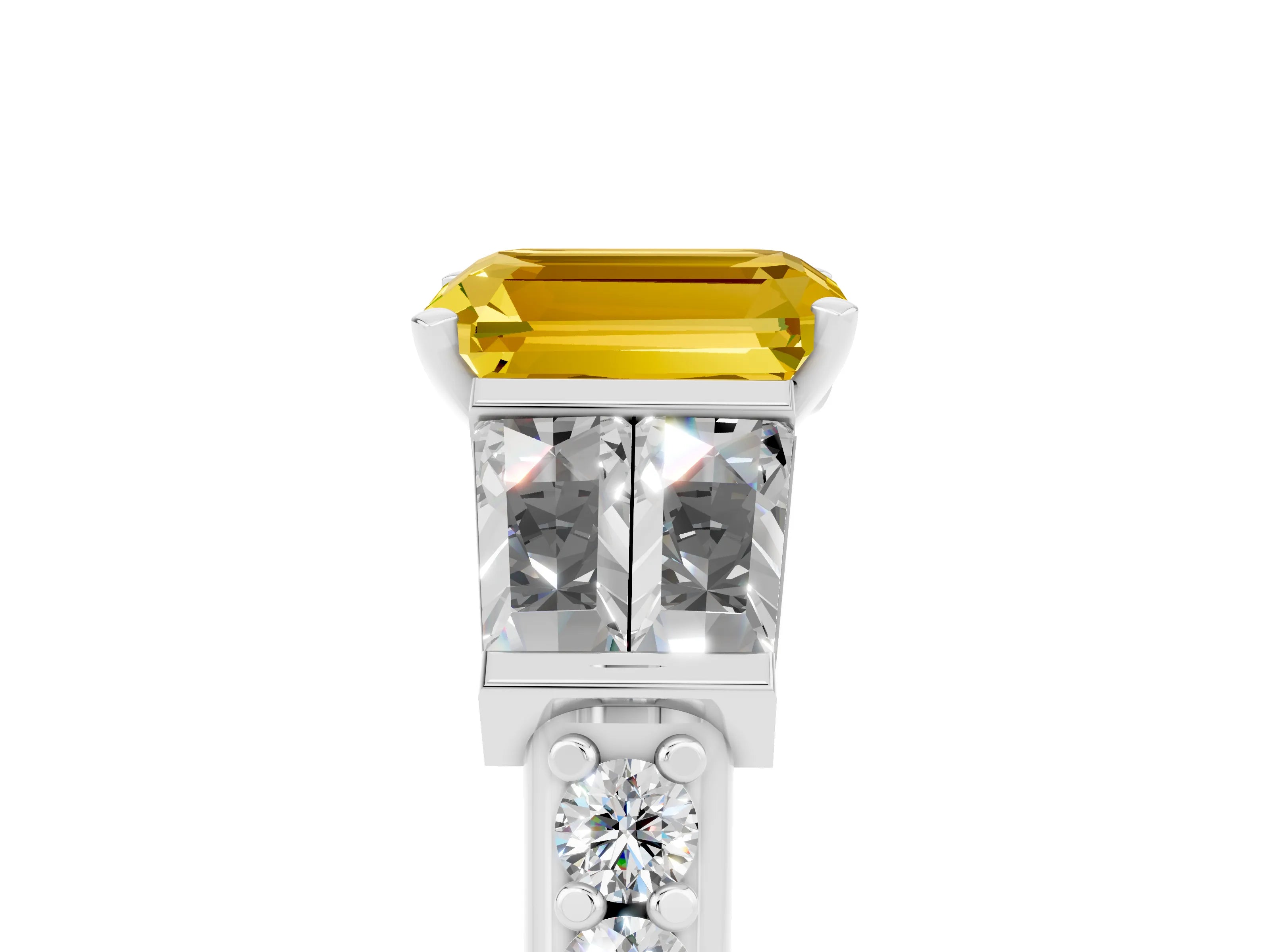 White gold Emerald Cut Yellow Sapphire Engagement Ring with Baguette Side Stones and Channel Set Band_5