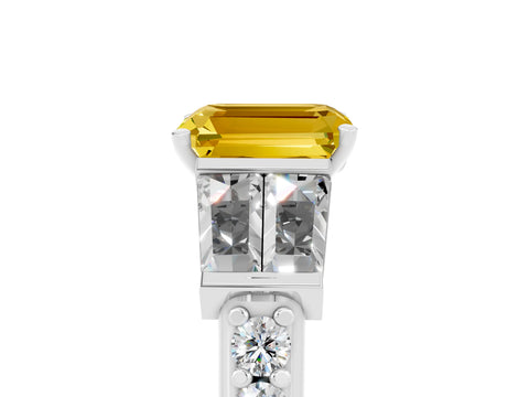 White gold Emerald Cut Yellow Sapphire Engagement Ring with Baguette Side Stones and Channel Set Band_5