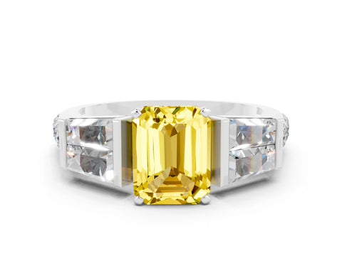 White gold Emerald Cut Yellow Sapphire Engagement Ring with Baguette Side Stones and Channel Set Band