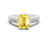 White gold Emerald Cut Yellow Sapphire Engagement Ring with Milgrain Channel Set Band and Prong Setting_24