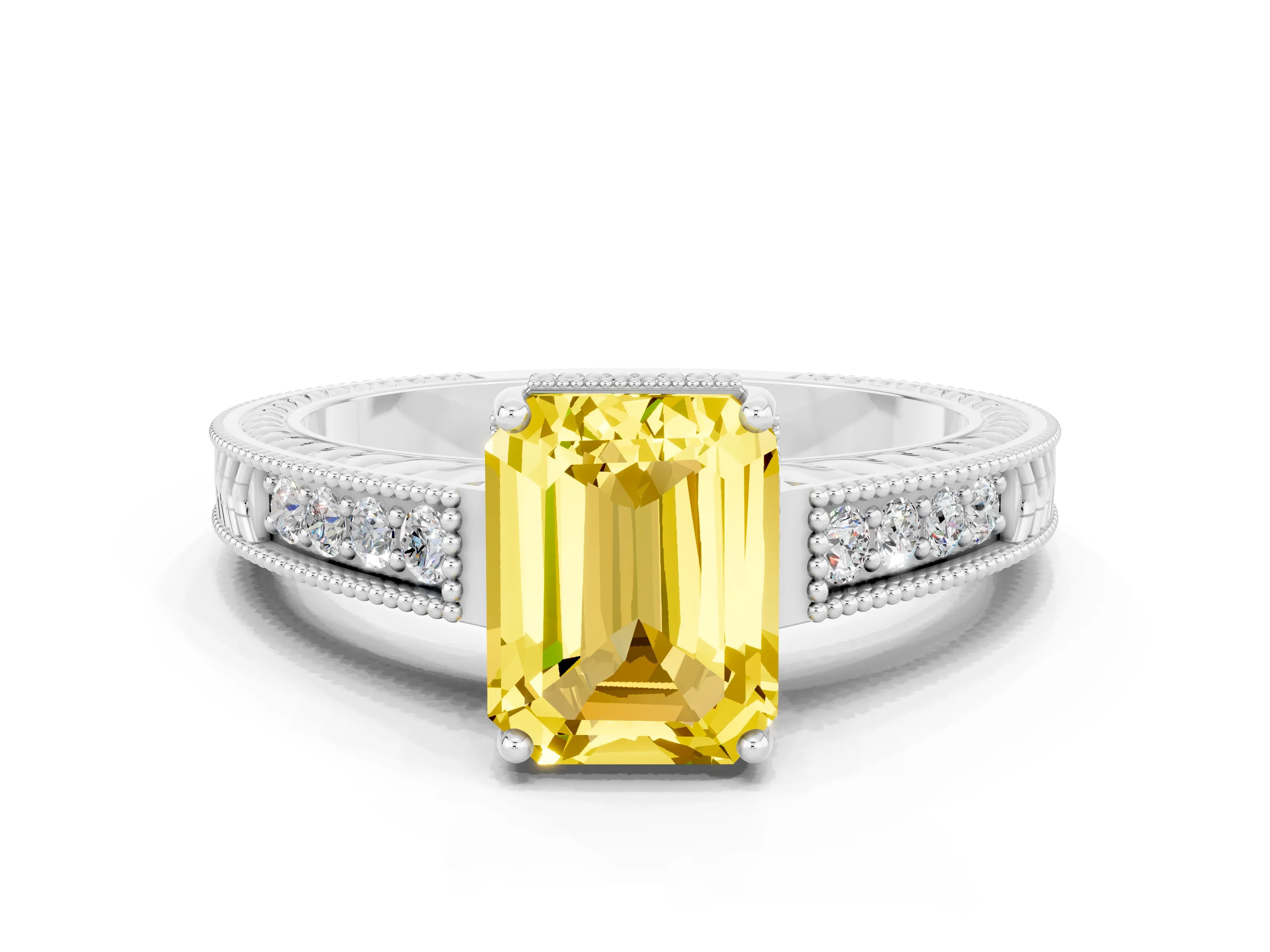 White gold Emerald Cut Yellow Sapphire Engagement Ring with Milgrain Channel Set Band and Prong Setting_24
