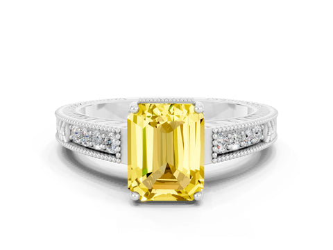 White gold Emerald Cut Yellow Sapphire Engagement Ring with Milgrain Channel Set Band and Prong Setting_24