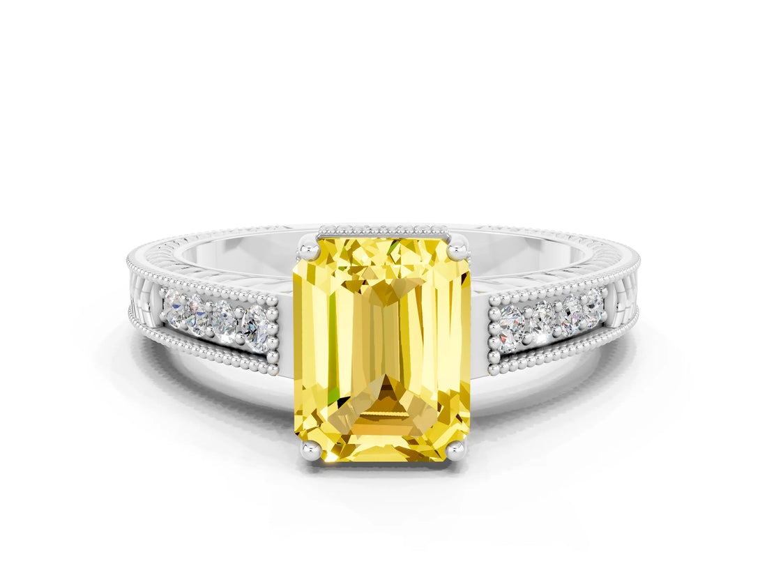White gold Emerald Cut Yellow Sapphire Engagement Ring with Milgrain Channel Set Band and Prong Setting_24