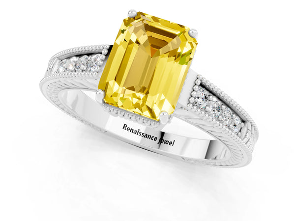 Platinum Emerald Cut Yellow Sapphire Engagement Ring with Milgrain Channel Set Band and Prong Setting
