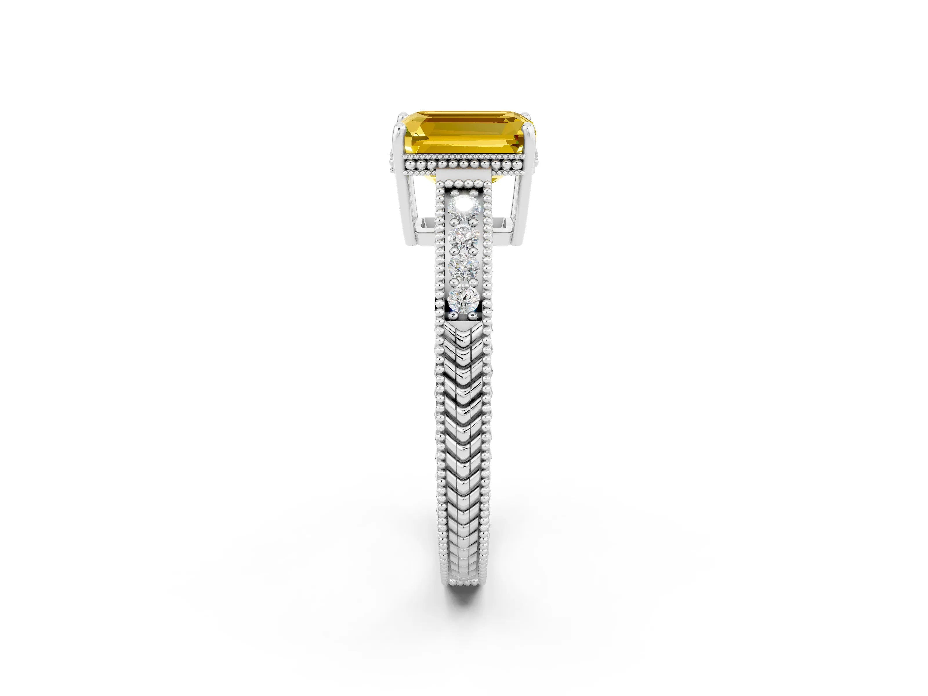 White gold Emerald Cut Yellow Sapphire Engagement Ring with Milgrain Channel Set Band and Prong Setting_26