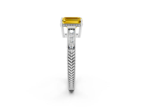 White gold Emerald Cut Yellow Sapphire Engagement Ring with Milgrain Channel Set Band and Prong Setting_26
