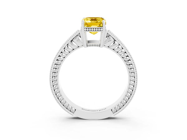 Platinum Emerald Cut Yellow Sapphire Engagement Ring with Milgrain Channel Set Band and Prong Setting