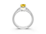 White gold Emerald Cut Yellow Sapphire Engagement Ring with Milgrain Channel Set Band and Prong Setting_27
