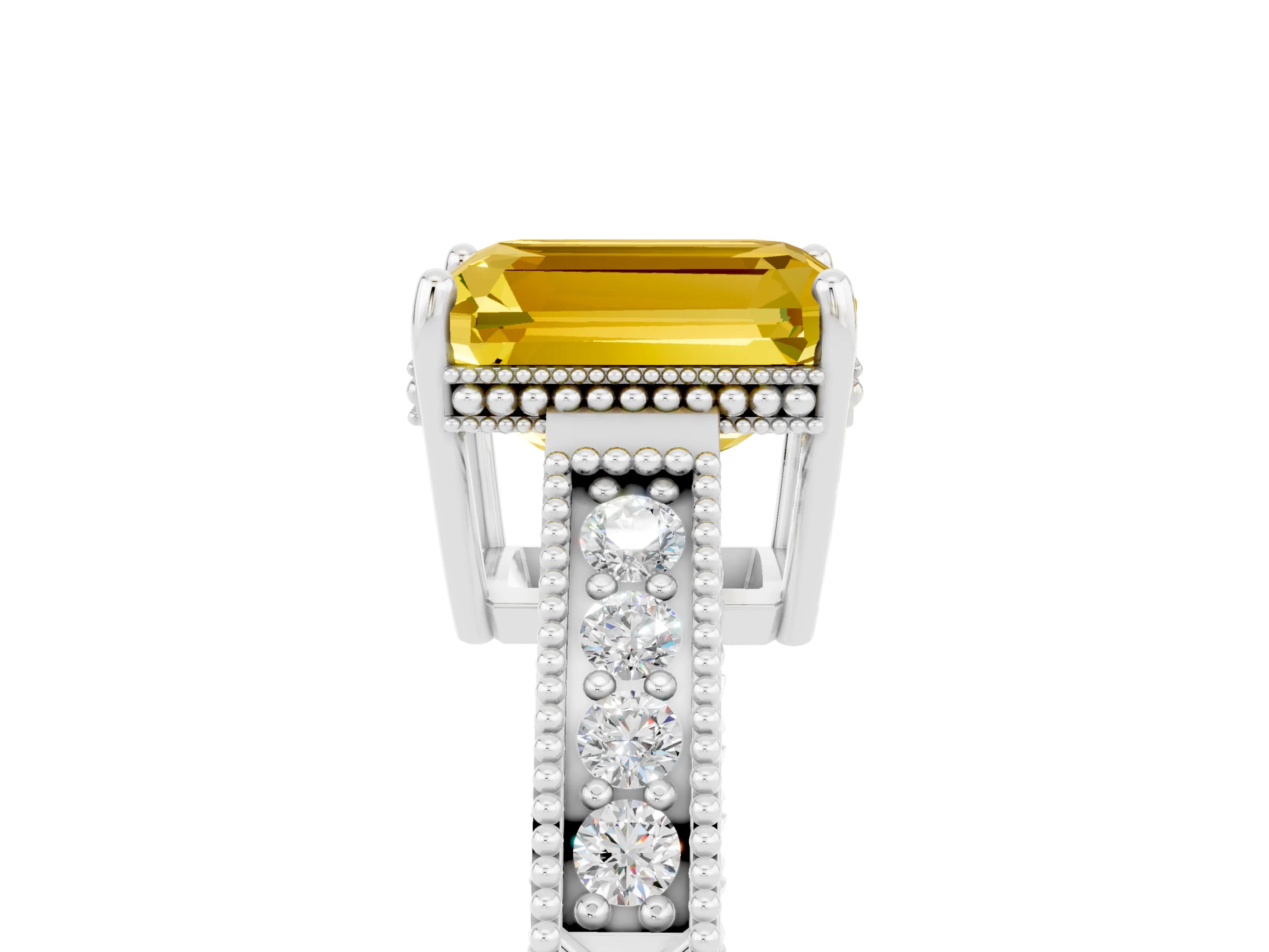 White gold Emerald Cut Yellow Sapphire Engagement Ring with Milgrain Channel Set Band and Prong Setting_29