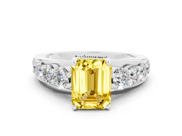 Platinum Emerald Cut Yellow Sapphire Engagement Ring with Pavé Band and Four-Prong Setting