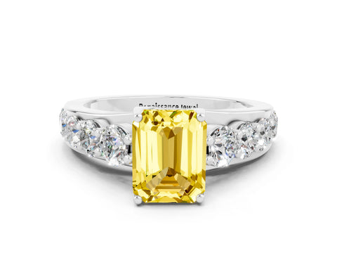 White gold Emerald Cut Yellow Sapphire Engagement Ring with Pavé Band and Four-Prong Setting