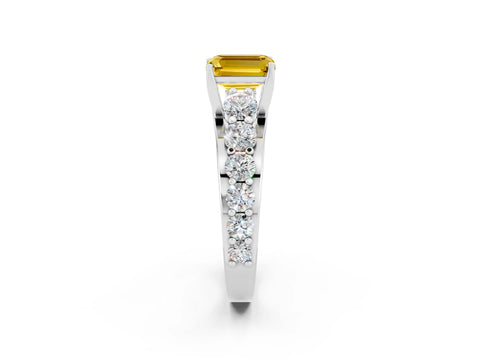 White gold Emerald Cut Yellow Sapphire Engagement Ring with Pavé Band and Four-Prong Setting_2