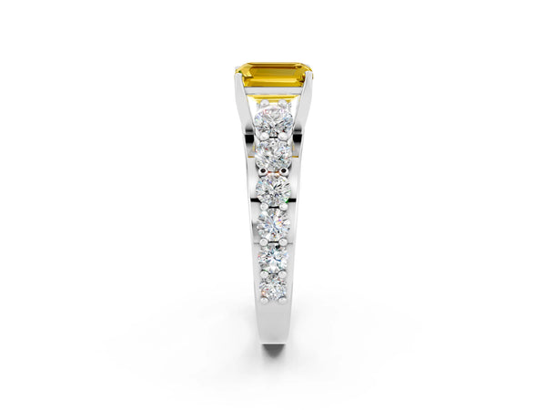 White gold Emerald Cut Yellow Sapphire Engagement Ring with Pavé Band and Four-Prong Setting