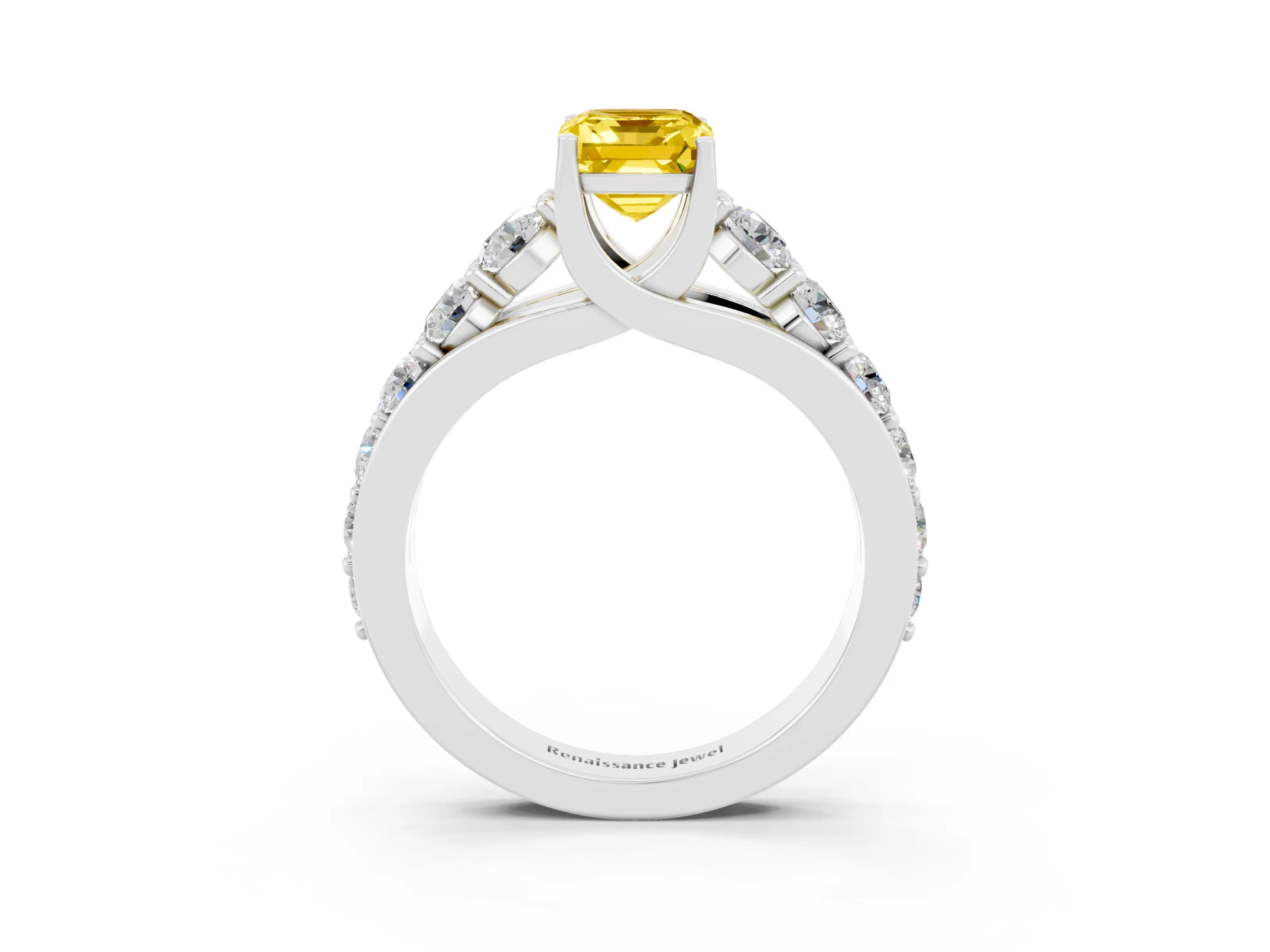 White gold Emerald Cut Yellow Sapphire Engagement Ring with Pavé Band and Four-Prong Setting_3