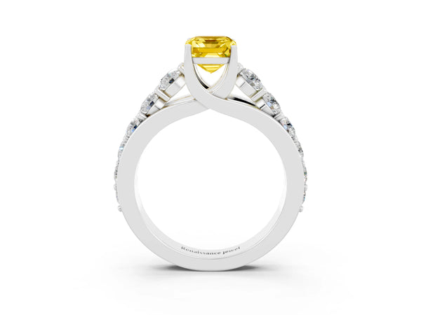 Platinum Emerald Cut Yellow Sapphire Engagement Ring with Pavé Band and Four-Prong Setting