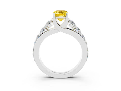 White gold Emerald Cut Yellow Sapphire Engagement Ring with Pavé Band and Four-Prong Setting_3