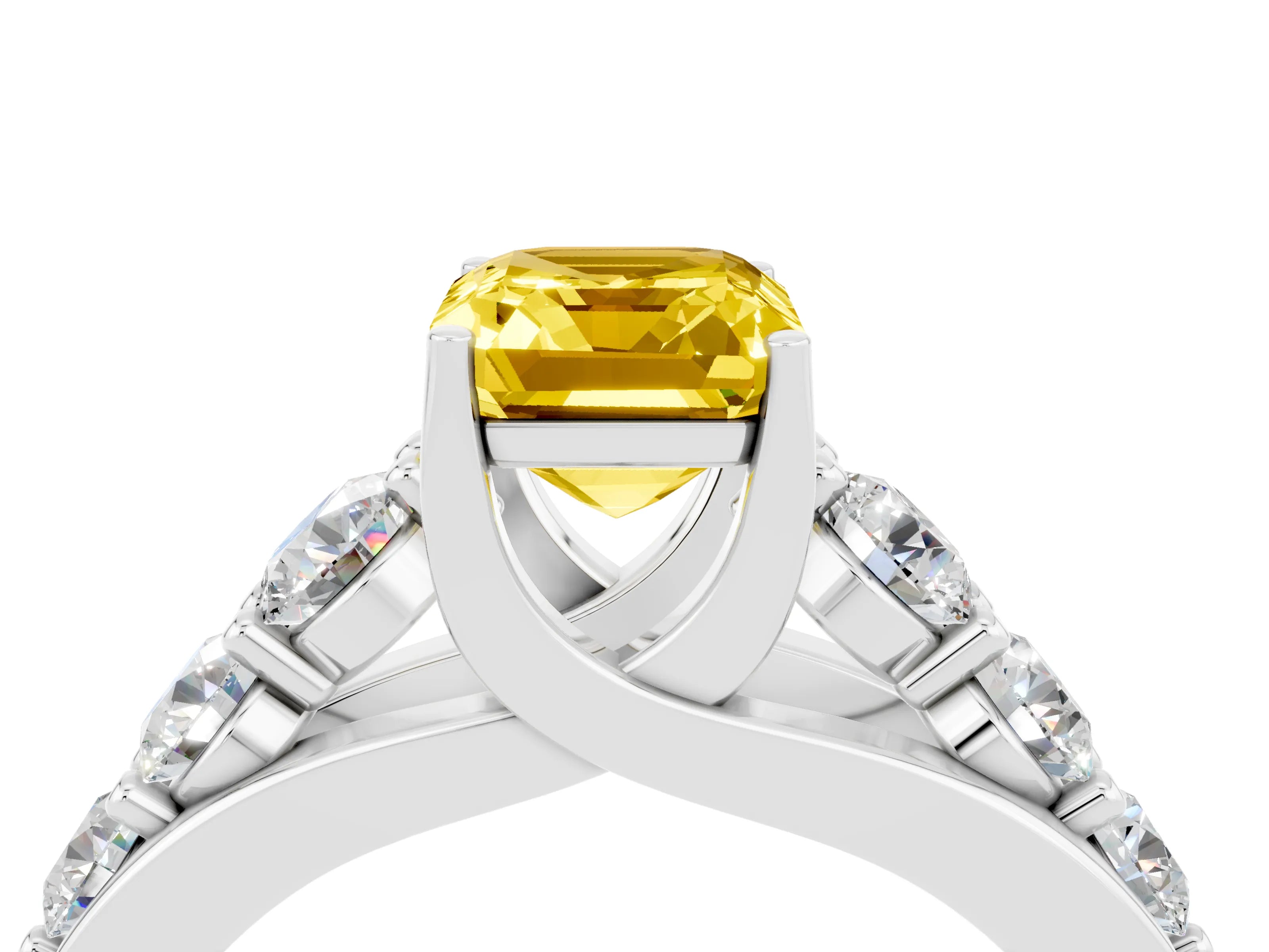 White gold Emerald Cut Yellow Sapphire Engagement Ring with Pavé Band and Four-Prong Setting_4