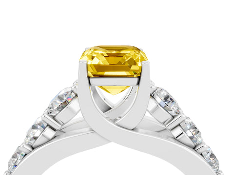 White gold Emerald Cut Yellow Sapphire Engagement Ring with Pavé Band and Four-Prong Setting_4