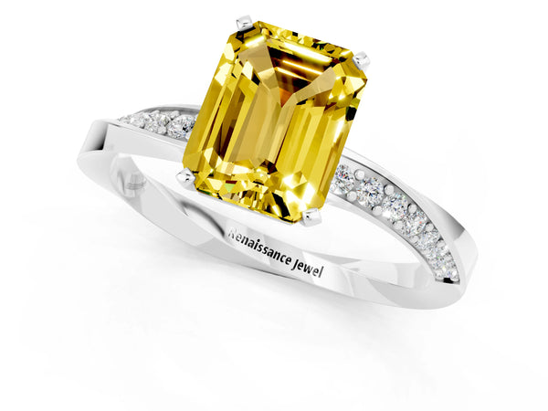 White gold Emerald Cut Yellow Sapphire Engagement Ring with Side Stone Accents and Four-Prong Setting
