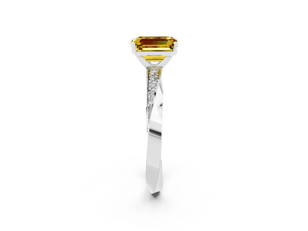 White gold Emerald Cut Yellow Sapphire Engagement Ring with Side Stone Accents and Four-Prong Setting