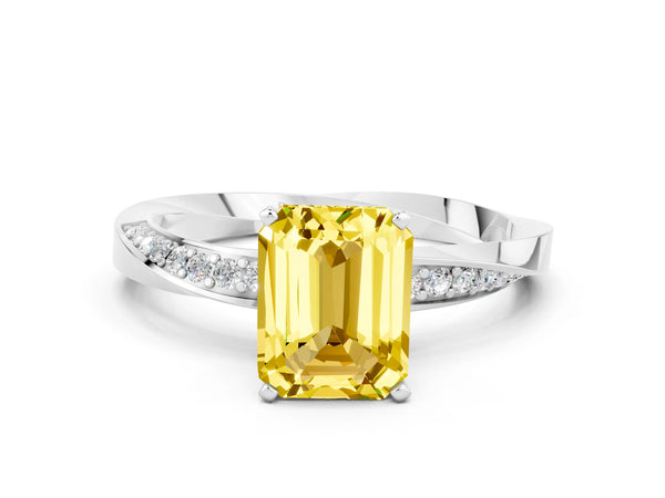 Platinum Emerald Cut Yellow Sapphire Engagement Ring with Side Stone Accents and Four-Prong Setting