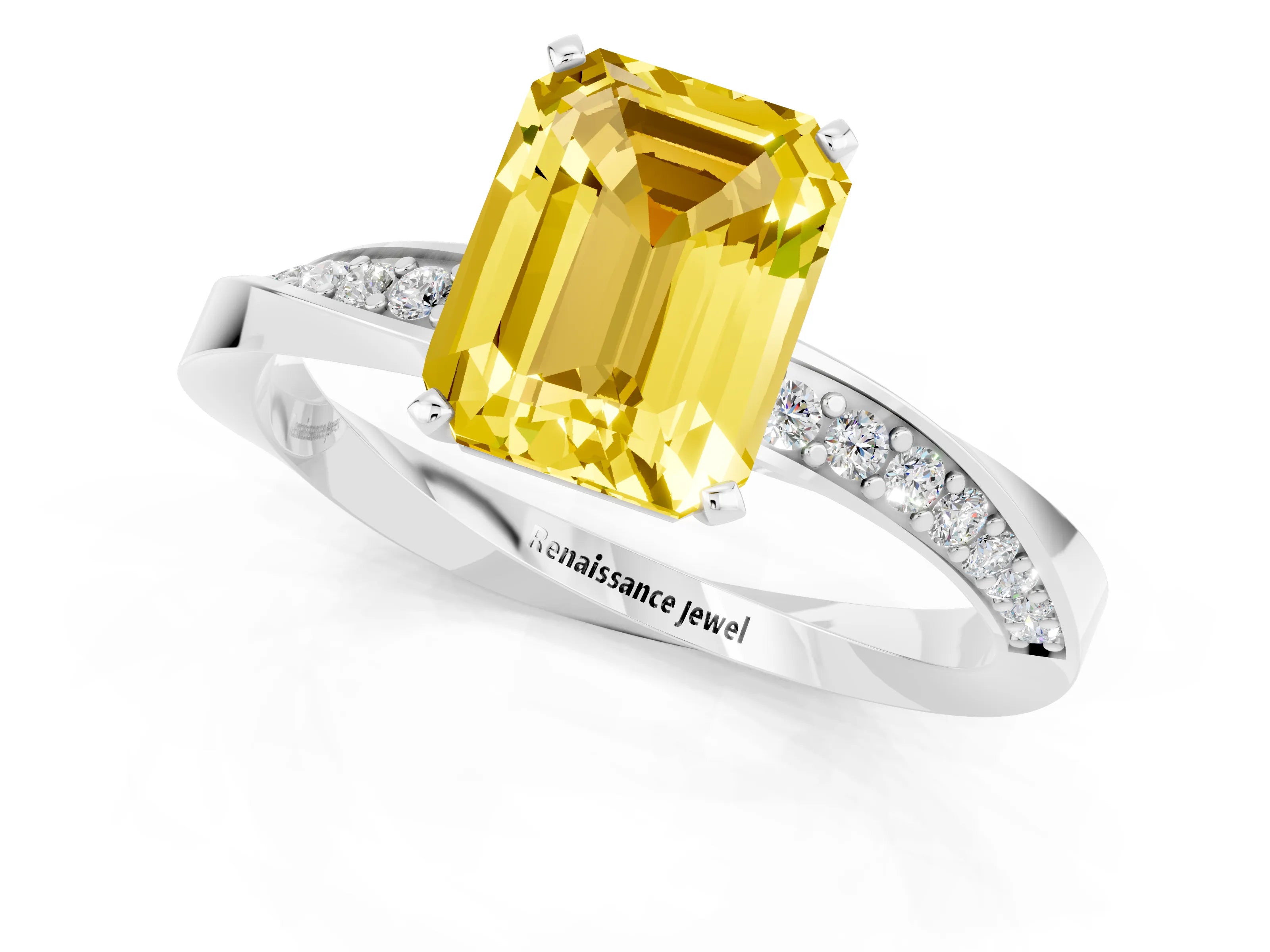 White gold Emerald Cut Yellow Sapphire Engagement Ring with Side Stone Accents and Four-Prong Setting_52