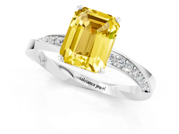 White gold Emerald Cut Yellow Sapphire Engagement Ring with Side Stone Accents and Four-Prong Setting