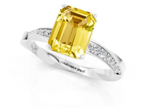 White gold Emerald Cut Yellow Sapphire Engagement Ring with Side Stone Accents and Four-Prong Setting_52