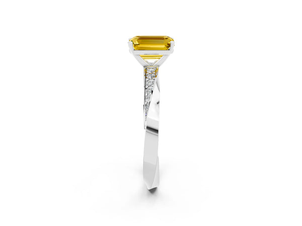 White gold Emerald Cut Yellow Sapphire Engagement Ring with Side Stone Accents and Four-Prong Setting