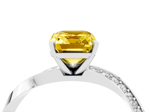 White gold Emerald Cut Yellow Sapphire Engagement Ring with Side Stone Accents and Four-Prong Setting_55