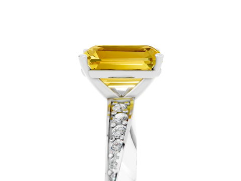 White gold Emerald Cut Yellow Sapphire Engagement Ring with Side Stone Accents and Four-Prong Setting_56