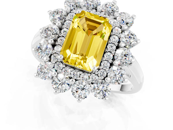 Platinum Emerald Cut Yellow Sapphire Floral Double Halo Engagement Ring with Prong Setting