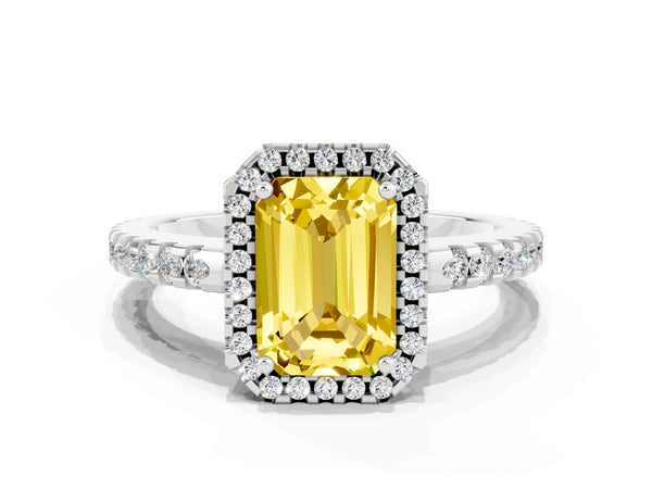 Platinum Emerald Cut Yellow Sapphire Halo Engagement Ring with Pavé Band and Prong Setting