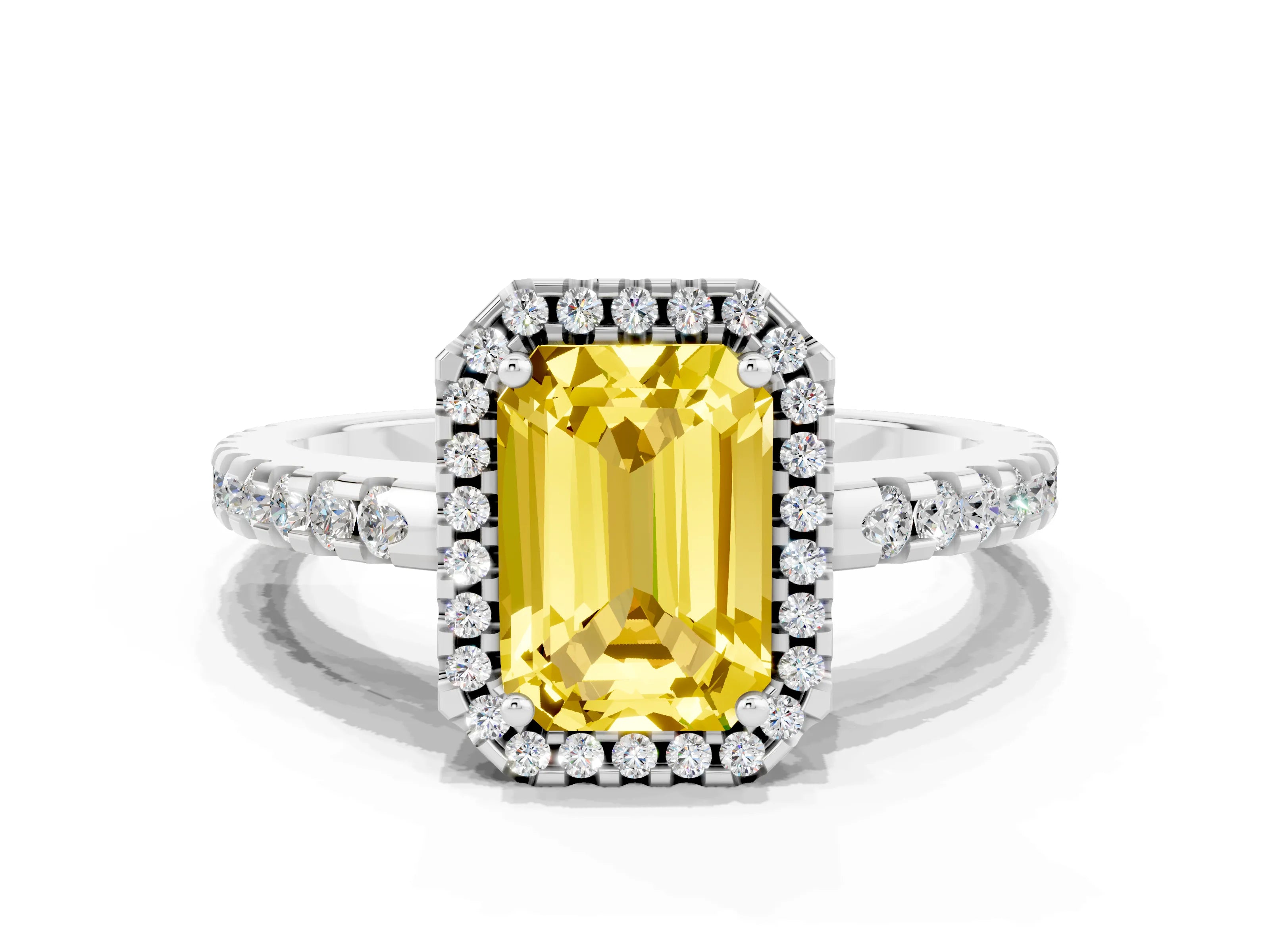 White gold Emerald Cut Yellow Sapphire Halo Engagement Ring with Pavé Band and Prong Setting_12
