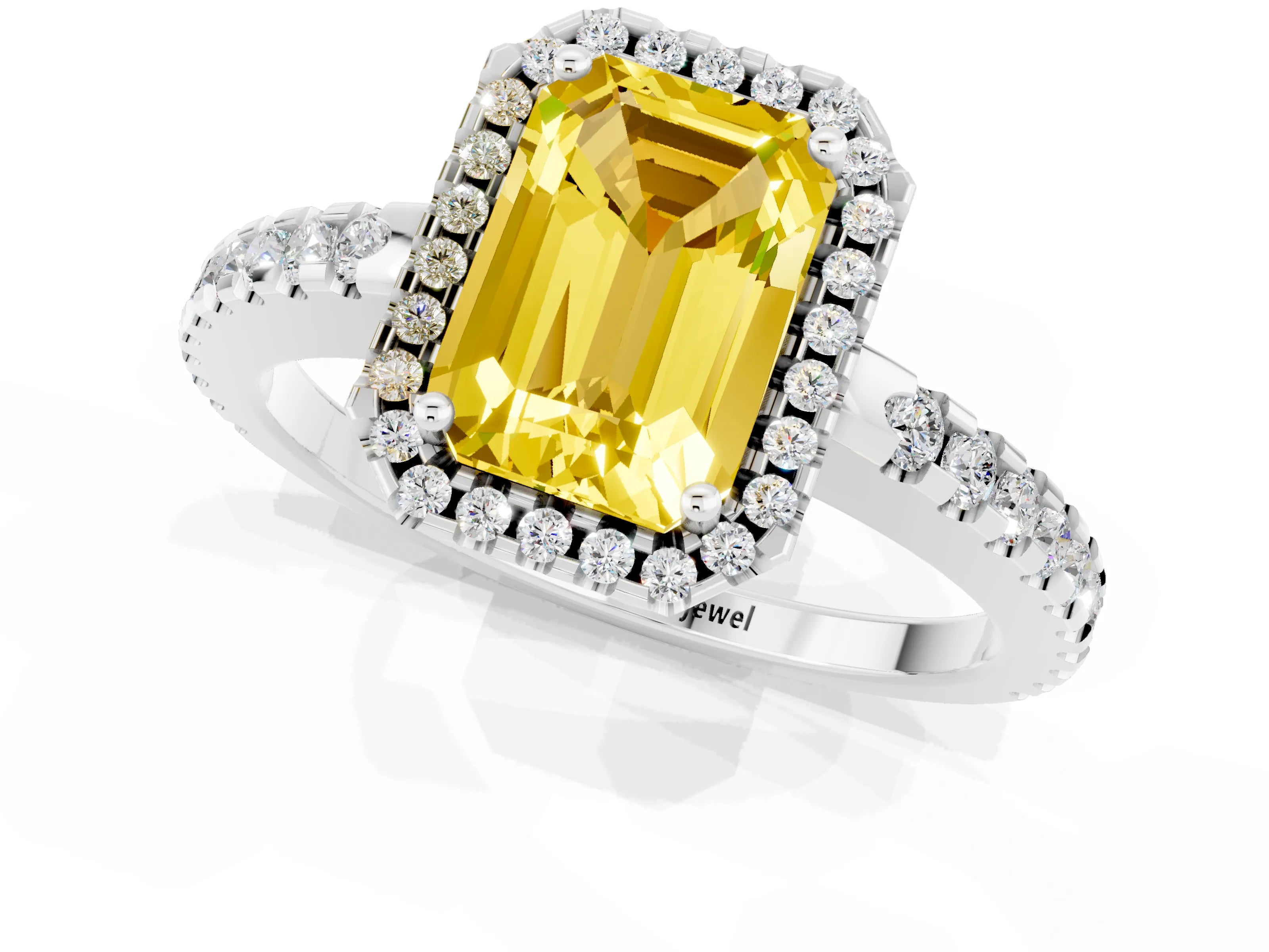White gold Emerald Cut Yellow Sapphire Halo Engagement Ring with Pavé Band and Prong Setting_13
