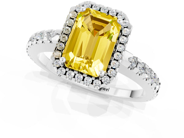 Silver Emerald Cut Yellow Sapphire Halo Engagement Ring with Pavé Band and Prong Setting