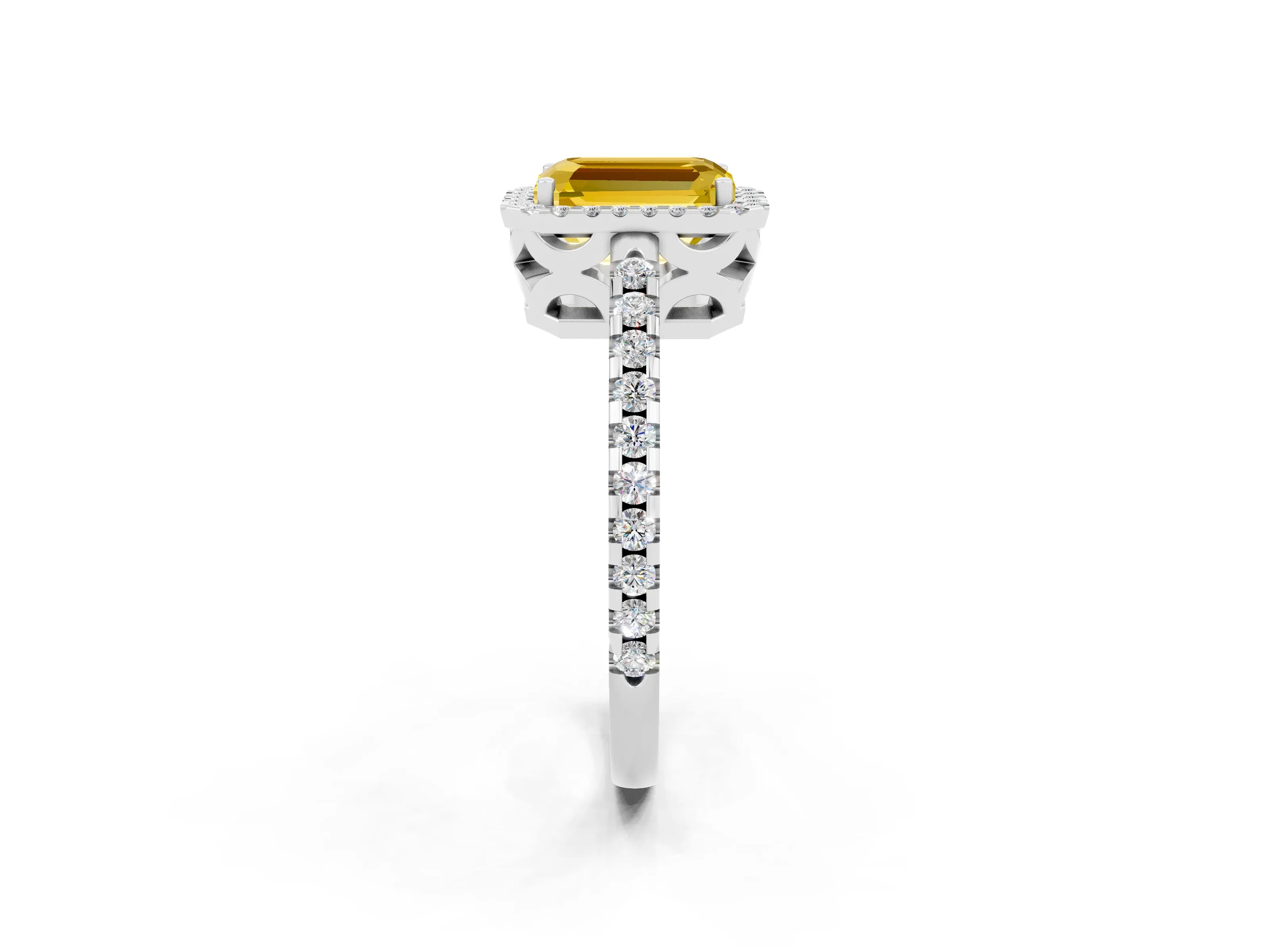 White gold Emerald Cut Yellow Sapphire Halo Engagement Ring with Pavé Band and Prong Setting_14