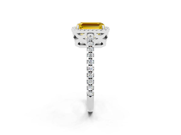 White gold Emerald Cut Yellow Sapphire Halo Engagement Ring with Pavé Band and Prong Setting