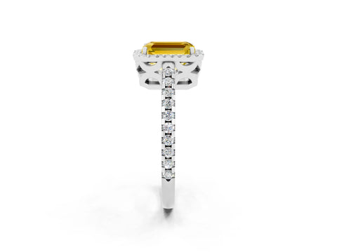 White gold Emerald Cut Yellow Sapphire Halo Engagement Ring with Pavé Band and Prong Setting_14