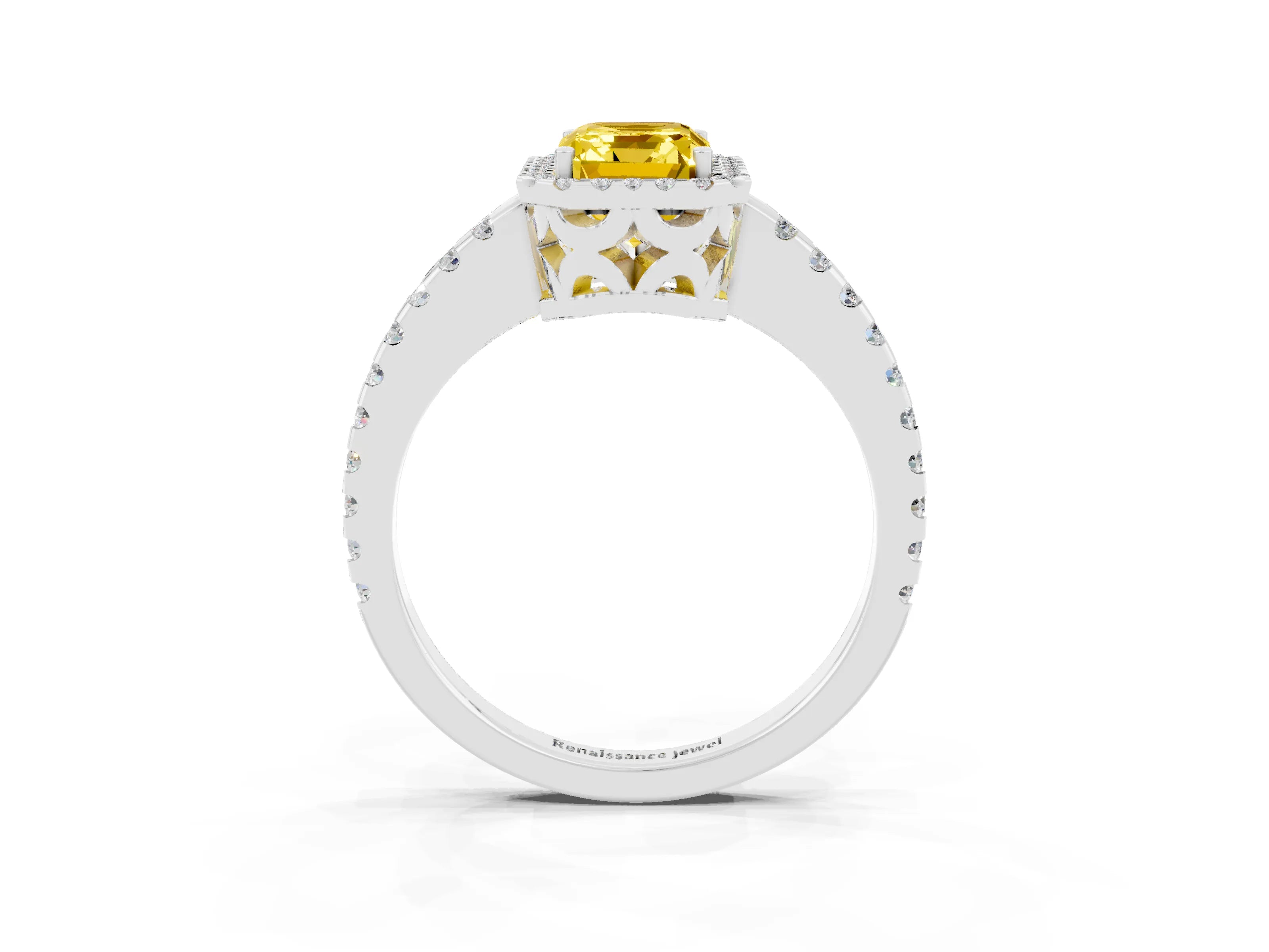 White gold Emerald Cut Yellow Sapphire Halo Engagement Ring with Pavé Band and Prong Setting_15
