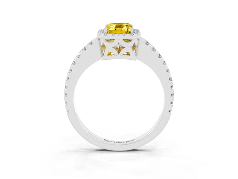 White gold Emerald Cut Yellow Sapphire Halo Engagement Ring with Pavé Band and Prong Setting_15