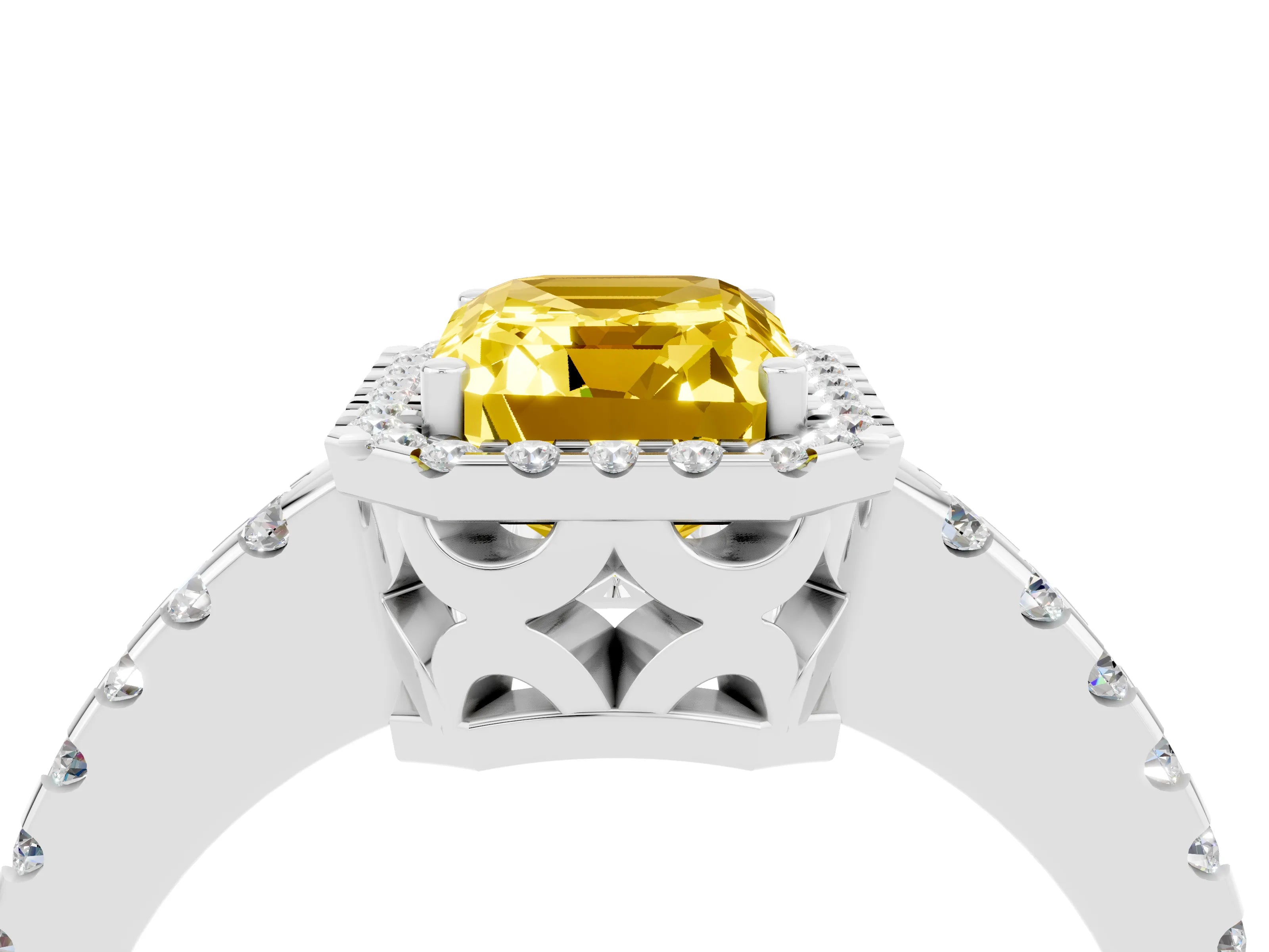 White gold Emerald Cut Yellow Sapphire Halo Engagement Ring with Pavé Band and Prong Setting_16