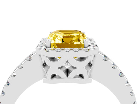 White gold Emerald Cut Yellow Sapphire Halo Engagement Ring with Pavé Band and Prong Setting_16
