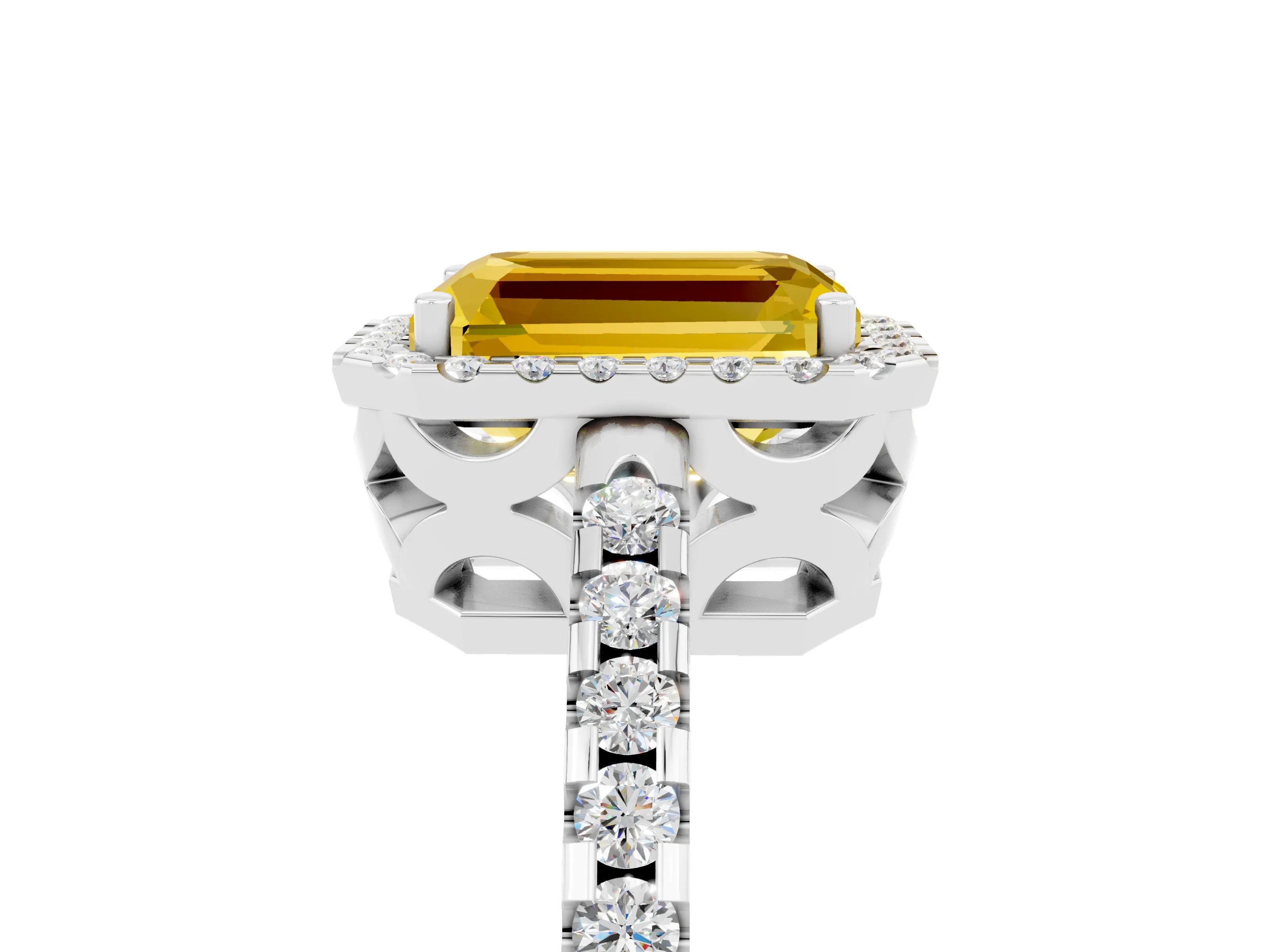 White gold Emerald Cut Yellow Sapphire Halo Engagement Ring with Pavé Band and Prong Setting_17
