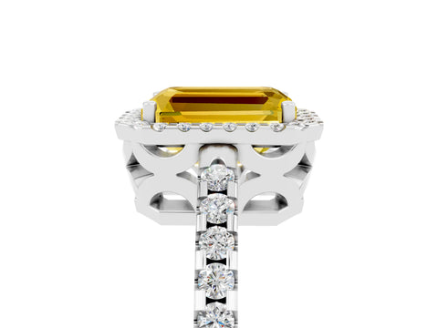White gold Emerald Cut Yellow Sapphire Halo Engagement Ring with Pavé Band and Prong Setting_17