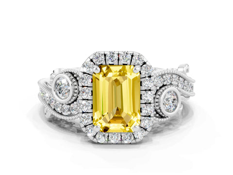 White gold Emerald Cut Yellow Sapphire Halo Ring with Milgrain Pavé Band and Four-Prong Setting_12