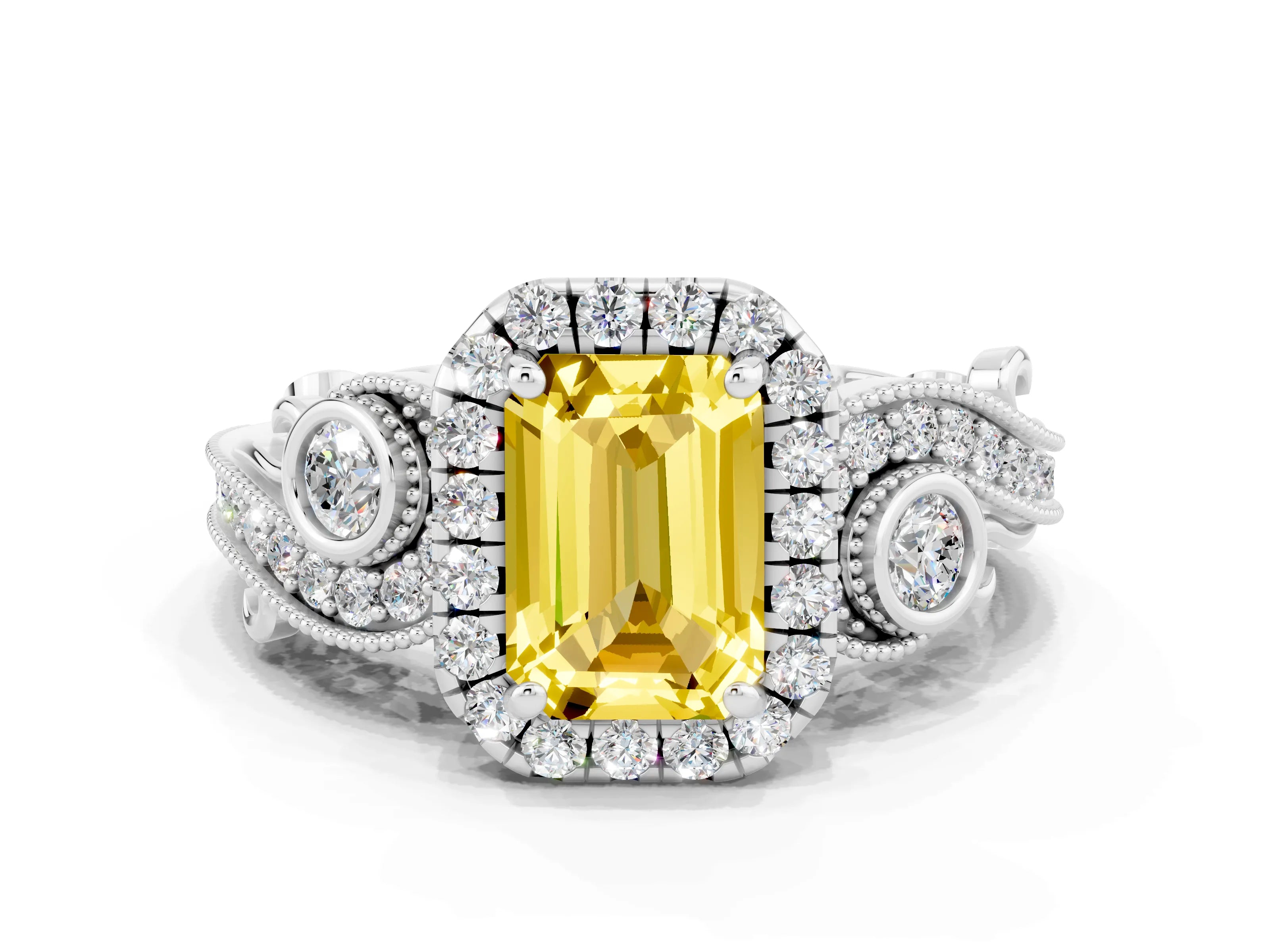 White gold Emerald Cut Yellow Sapphire Halo Ring with Milgrain Pavé Band and Four-Prong Setting_12