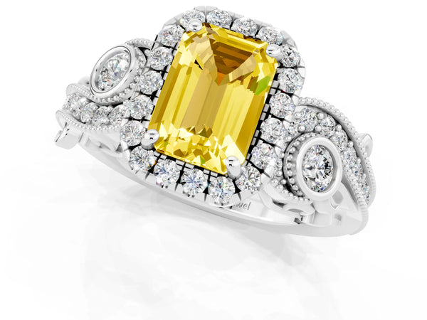 White gold Emerald Cut Yellow Sapphire Halo Ring with Milgrain Pavé Band and Four-Prong Setting